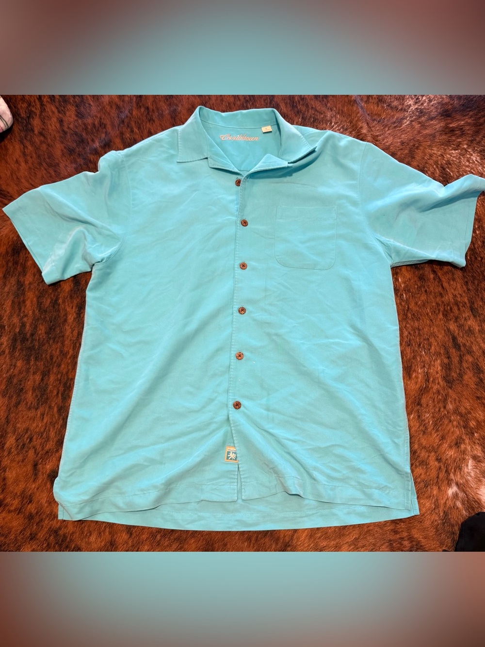 Caribbean Mens Casual Button Shirt Tropical Short Sleeve Teal Size L Modal